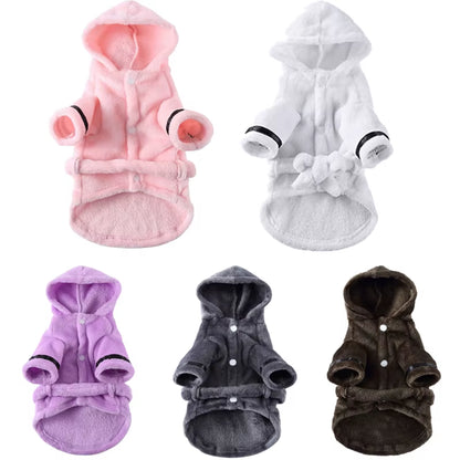 Back view of the brown hooded dog bathrobe showing the fleece texture and dark trim on the sleeves