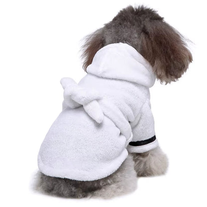 Back view of the gray hooded dog bathrobe showing the fleece texture and dark trim on the sleeves