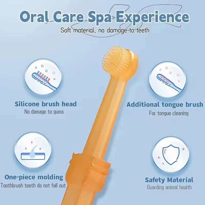 Three views of the toothbrush case next to text reading 4 pieces oral cleaning toothbrush, with a cat receiving brushing