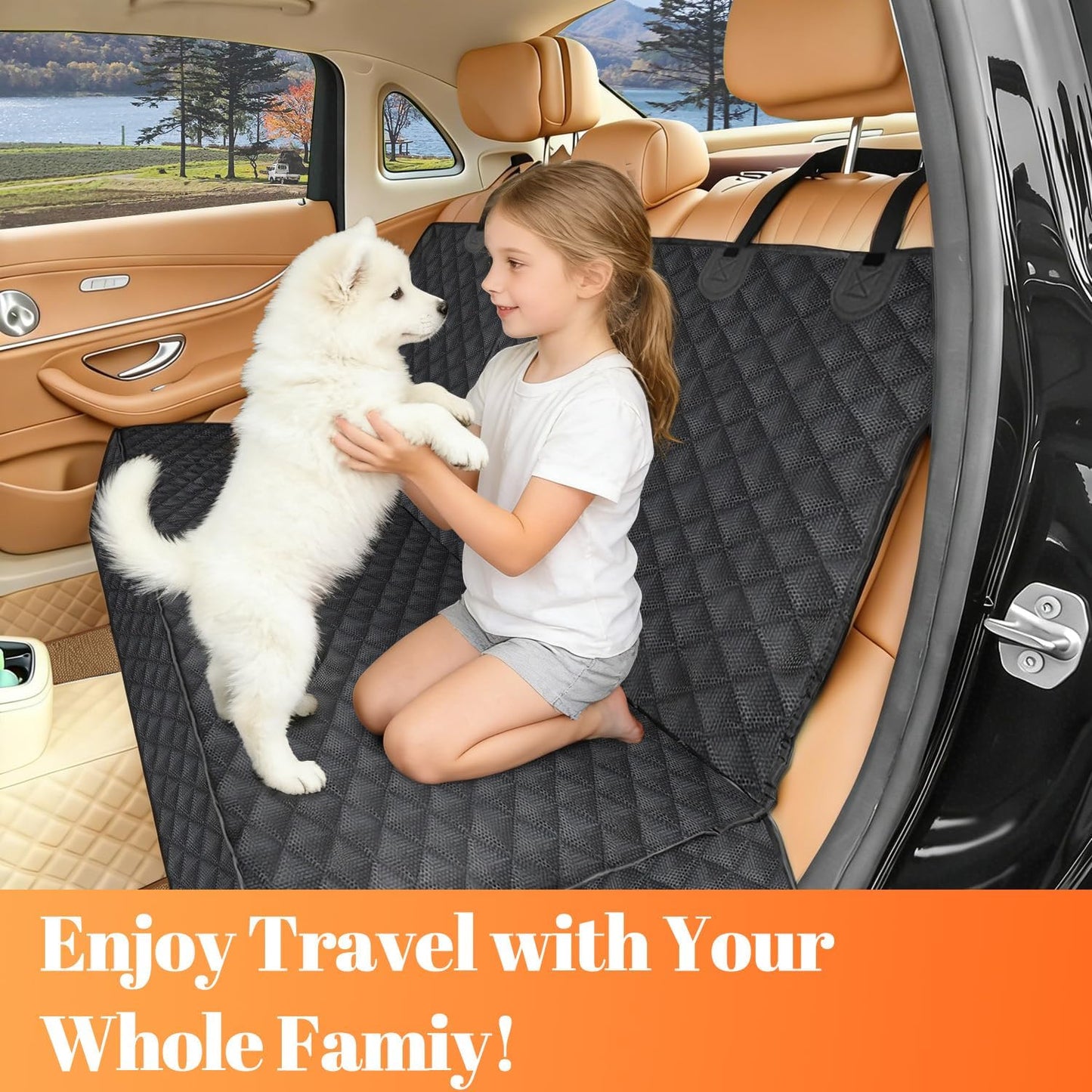 Puppy standing on the car seat cover next to a child kneeling in the back seat of a car