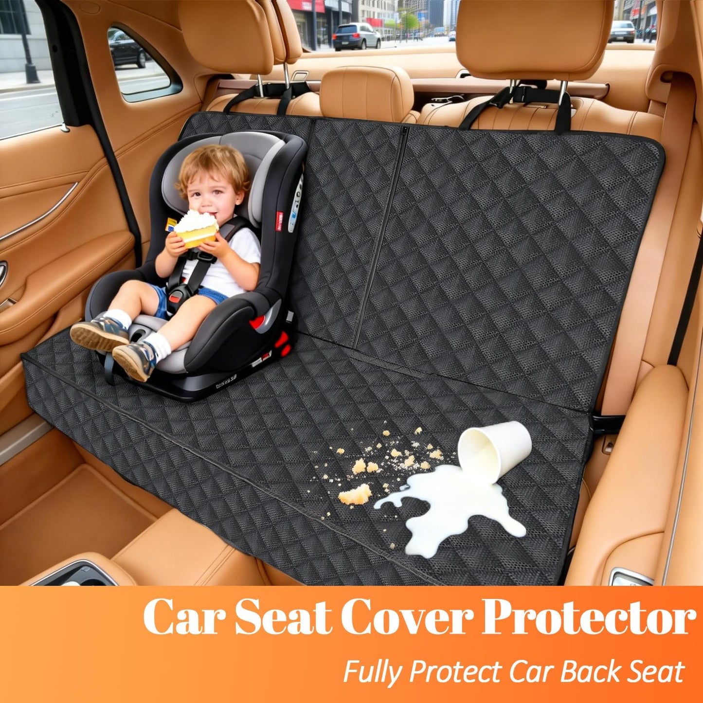 Toddler in a car seat on top of the seat cover with spilled milk and crumbs shown beside a cup