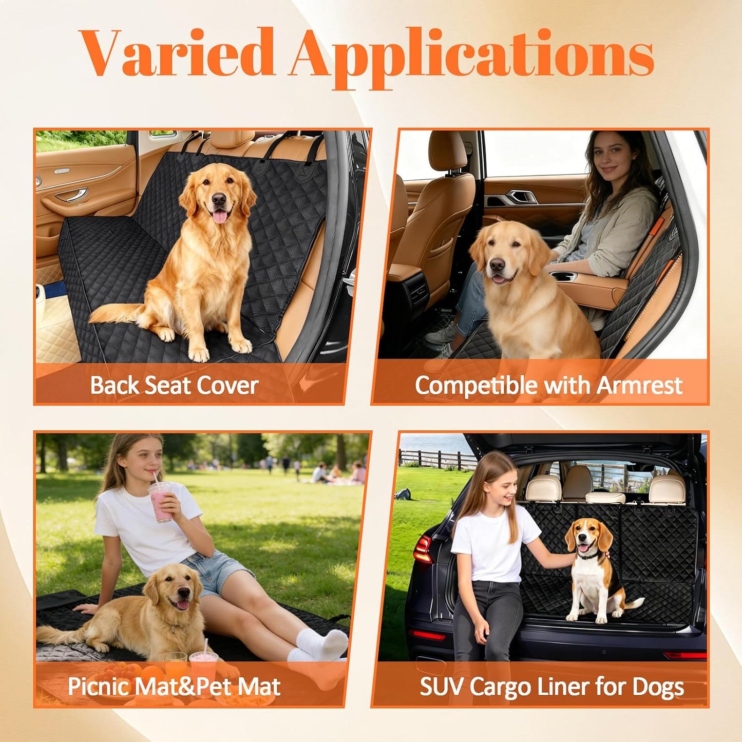 Four photos showing the seat cover used as a back seat cover, armrest-compatible cover, picnic mat, and SUV cargo liner