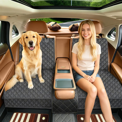 Golden Retriever sitting beside a passenger on the installed seat cover in a car's back seat