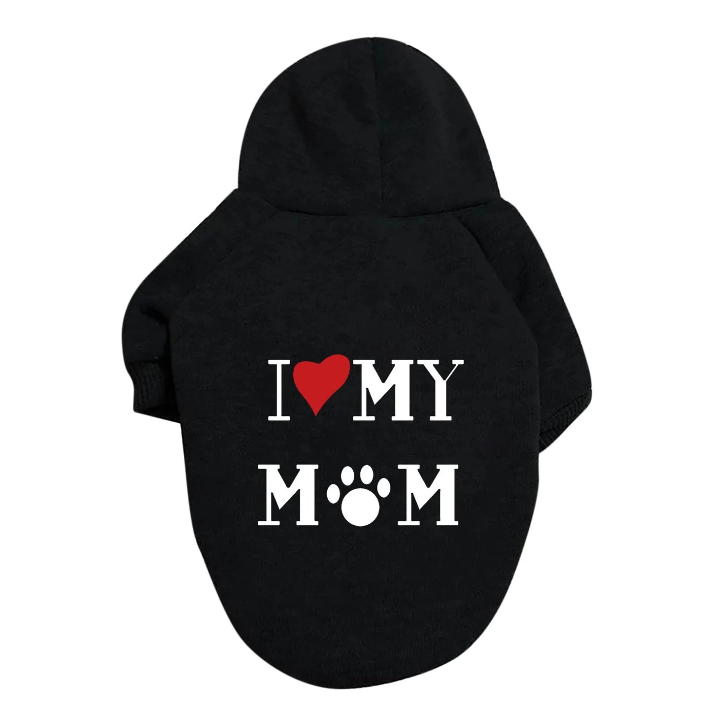 Black dog hoodie with an I Love My Mom heart and paw print laid flat in a product-only photo