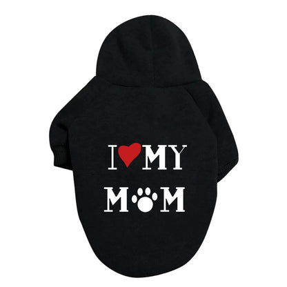 Black dog hoodie with an I Love My Mom heart and paw print laid flat in a product-only photo