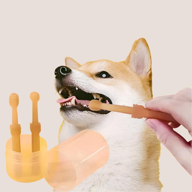 Product graphic showing the Soft Silicone Toothbrush and Tongue Scraper set with its travel case