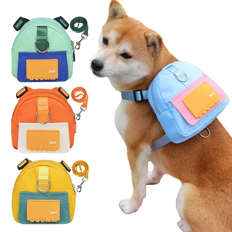 Yellow DUOMM dog backpack pouch and matching leash shown together on a white background