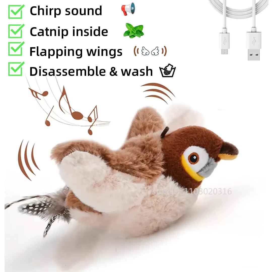 Close-up of the FlutterChirp plush bird cat toy highlighting chirp sound, catnip, flapping wings, and washable design