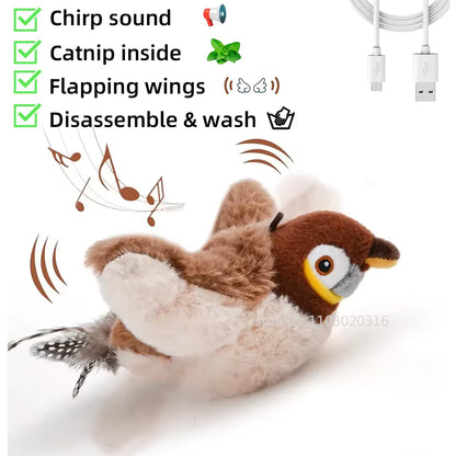 Close-up of the FlutterChirp plush bird cat toy highlighting chirp sound, catnip, flapping wings, and washable design