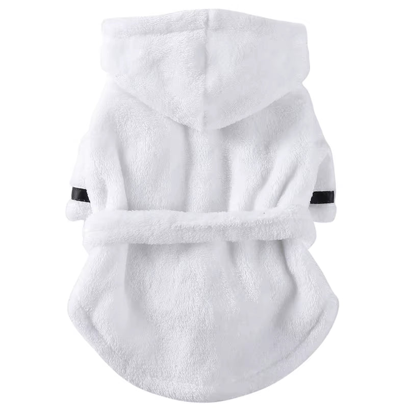 Brown and gray hooded dog bathrobes shown together to compare the two color options