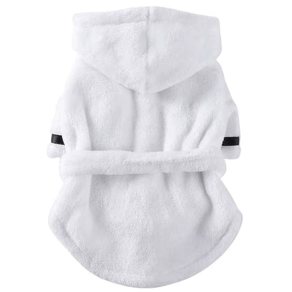 Brown and gray hooded dog bathrobes shown together to compare the two color options