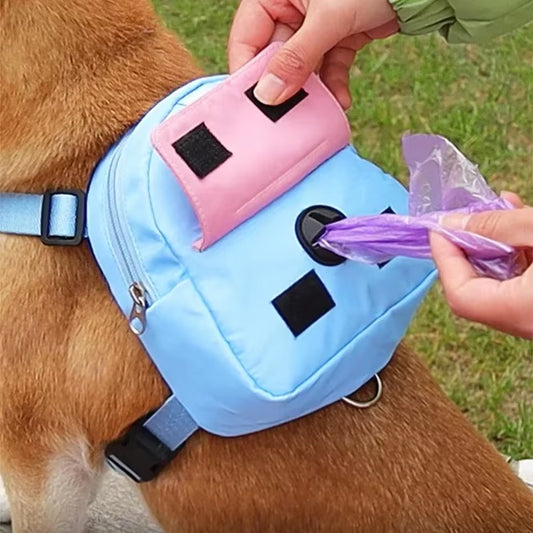 Blue and pink DUOMM dog backpack pouch strapped to a Shiba Inu's back with a poop bag being pulled out