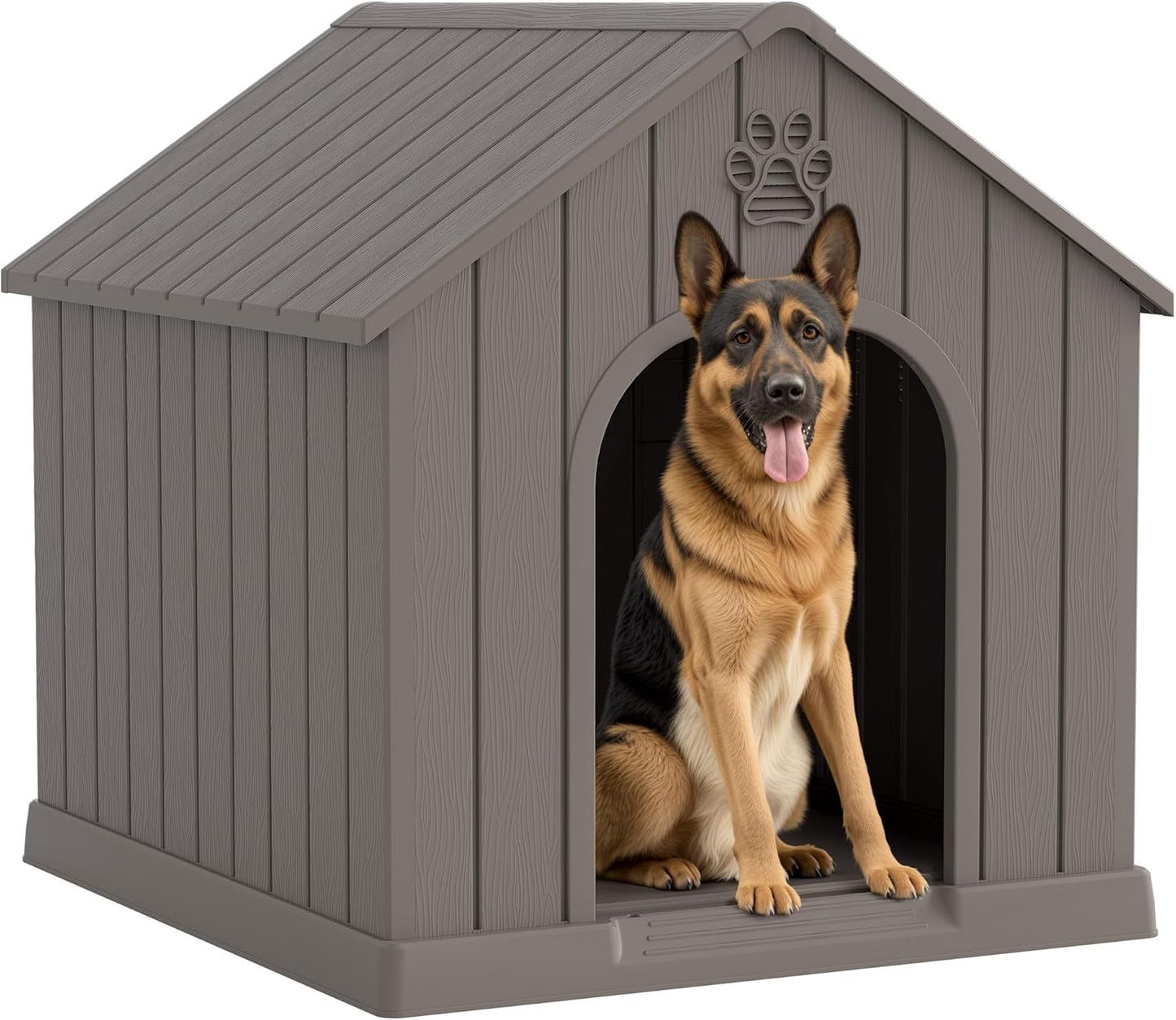 Grey plastic dog house shown outdoors in a backyard with a wood fence in the background