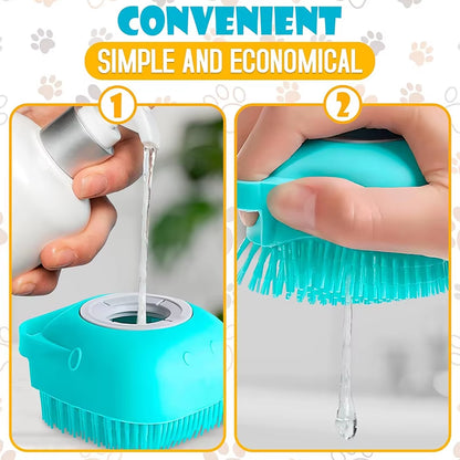 Four numbered how-to-use steps showing wetting the dog, filling the brush with shampoo, and lathering