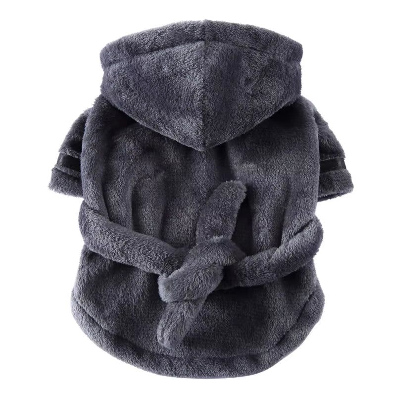 Gray plush hooded dog bathrobe laid flat showing the hood, sleeves, and belt tie closure