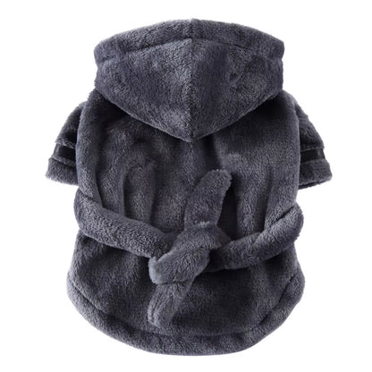 Gray plush hooded dog bathrobe laid flat showing the hood, sleeves, and belt tie closure