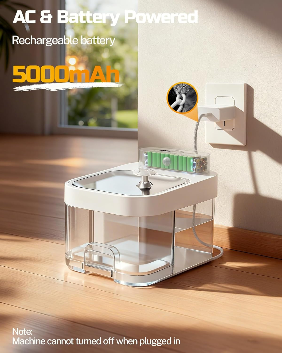 White ODSD cat water fountain shown from the side highlighting its stepped tray design