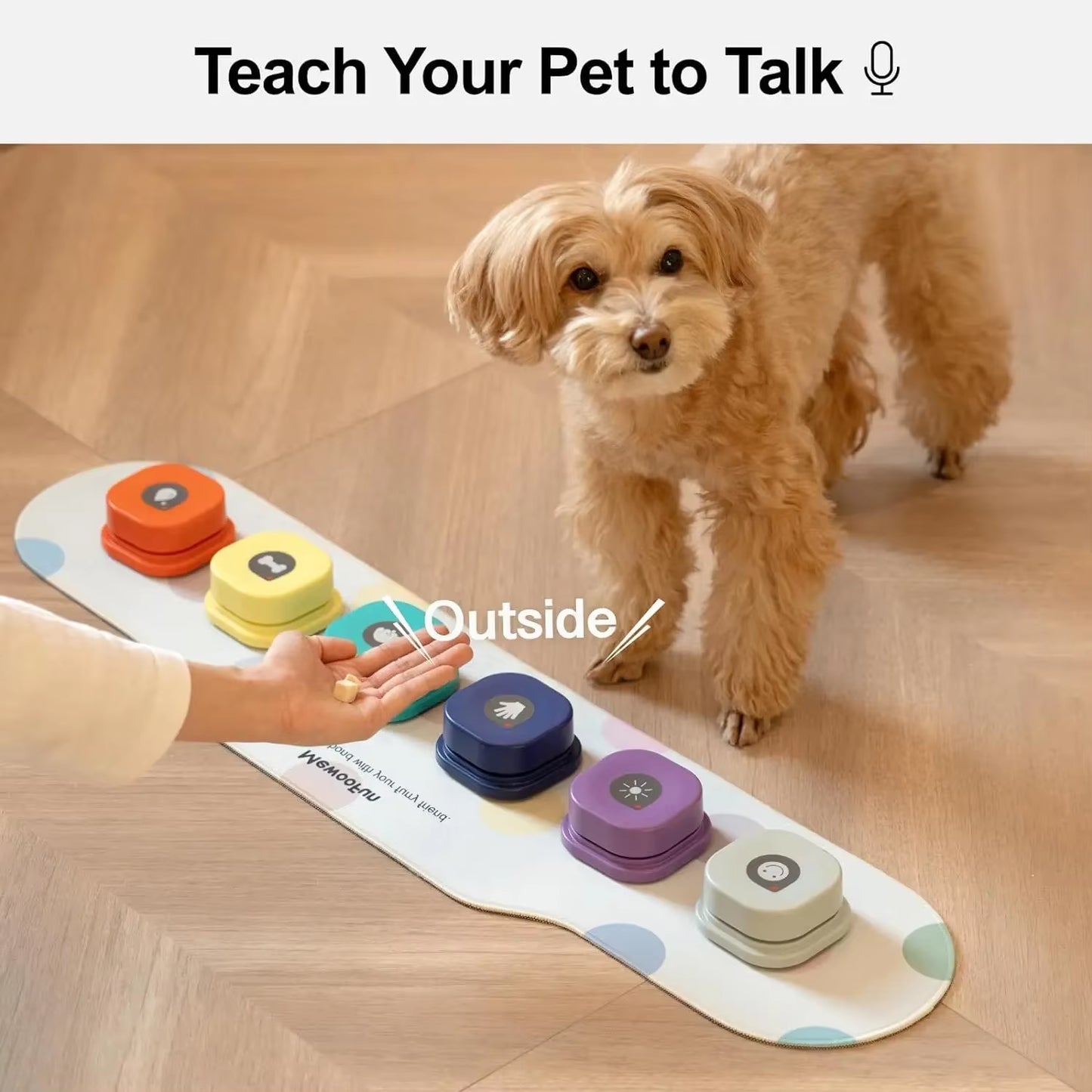 Two talking buttons, one yellow and one purple, mounted on the oval mat with a sticker sheet