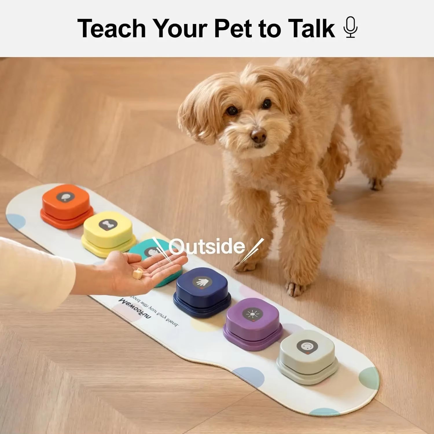 Two talking buttons, one yellow and one purple, mounted on the oval mat with a sticker sheet