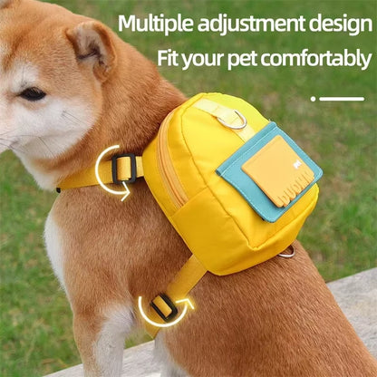 Three color options of the DUOMM dog backpack pouch, mint, orange, and yellow, each with a matching leash