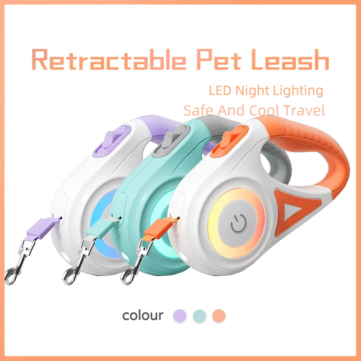 Close-up of the leash handle showing the power button, LED ring, and textured grip