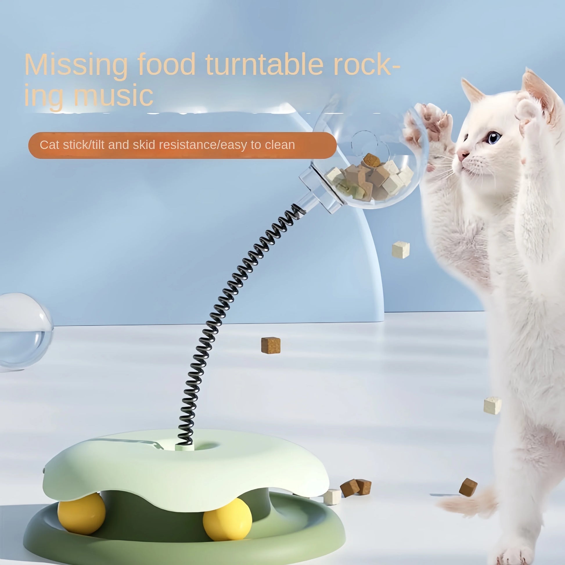 Close-up of the puzzle toy's clear ball filled with treat pieces atop its spring mount