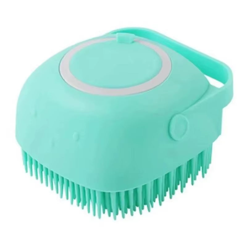 Three colors of silicone bath brush, pink, teal, and yellow, arranged together on a white background
