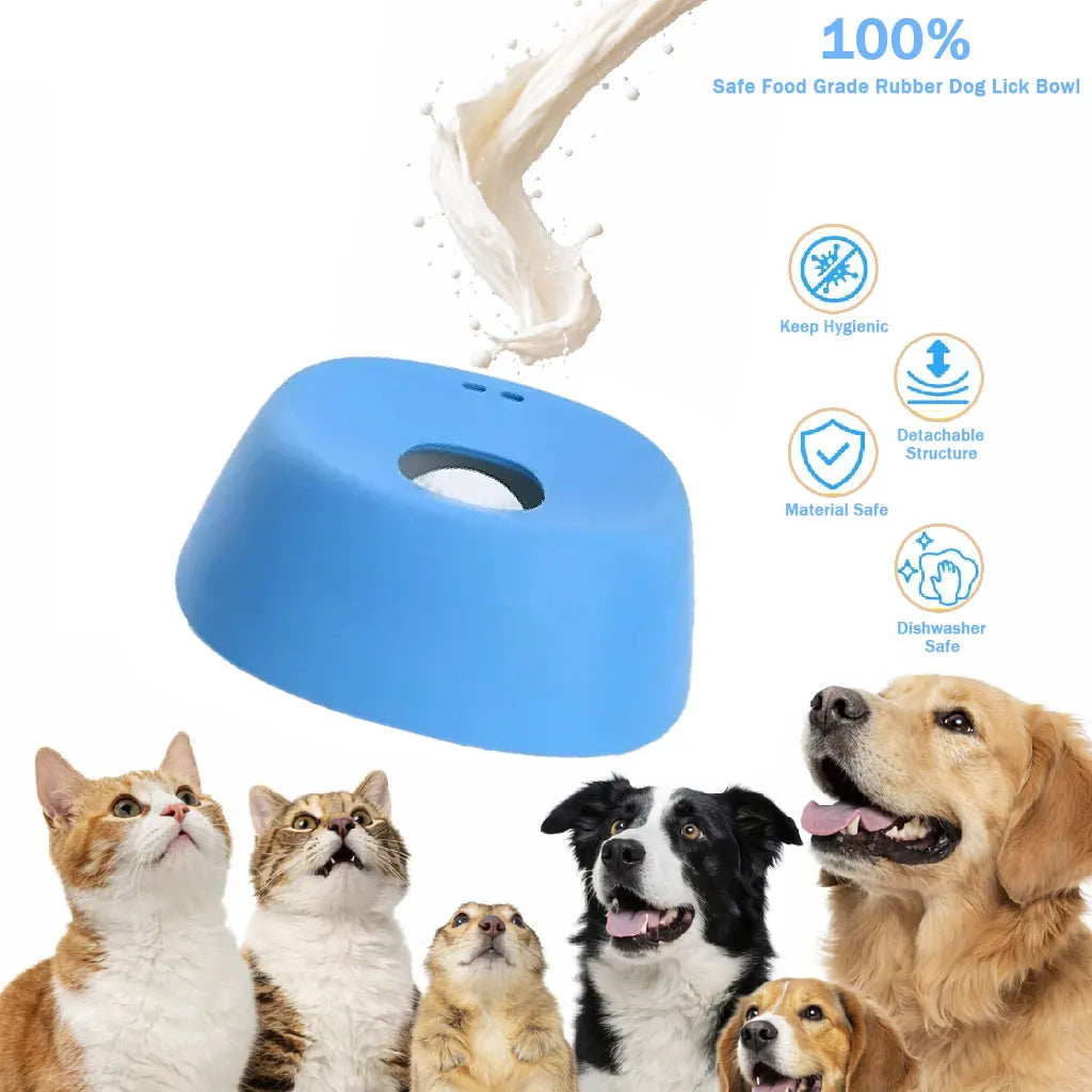 Milk splashing into the blue slow feeder bowl with icons for hygienic, detachable, and dishwasher-safe design