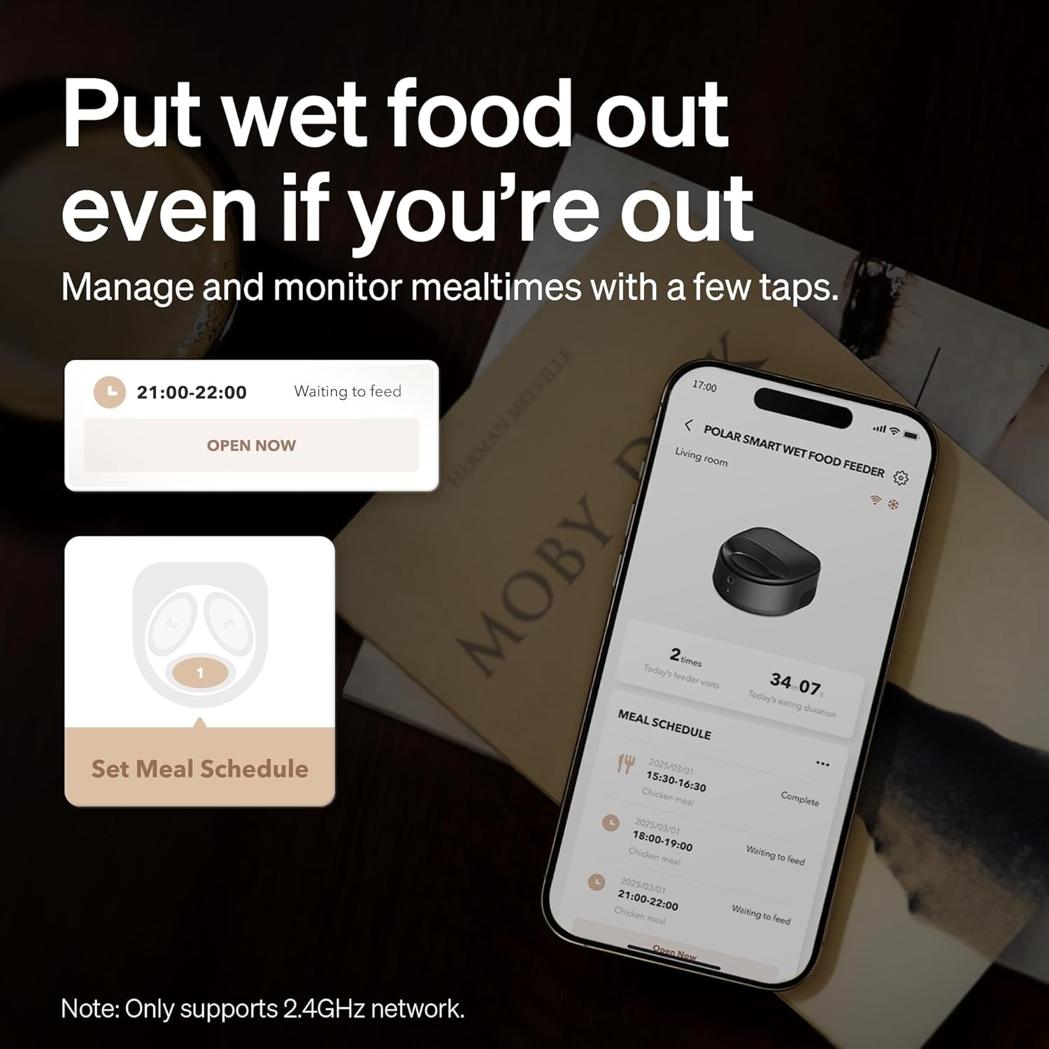 Phone screen showing the Polar Smart Wet Food Feeder app with meal schedule and feeding history