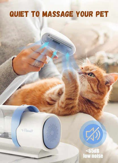 Hand using the MoonFlor deshedding brush attachment near an orange cat's face, with a less-than-65-decibel low noise badge