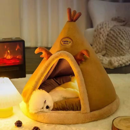 Cone-shaped pet tent shown from the side highlighting its padded fleece entrance ring