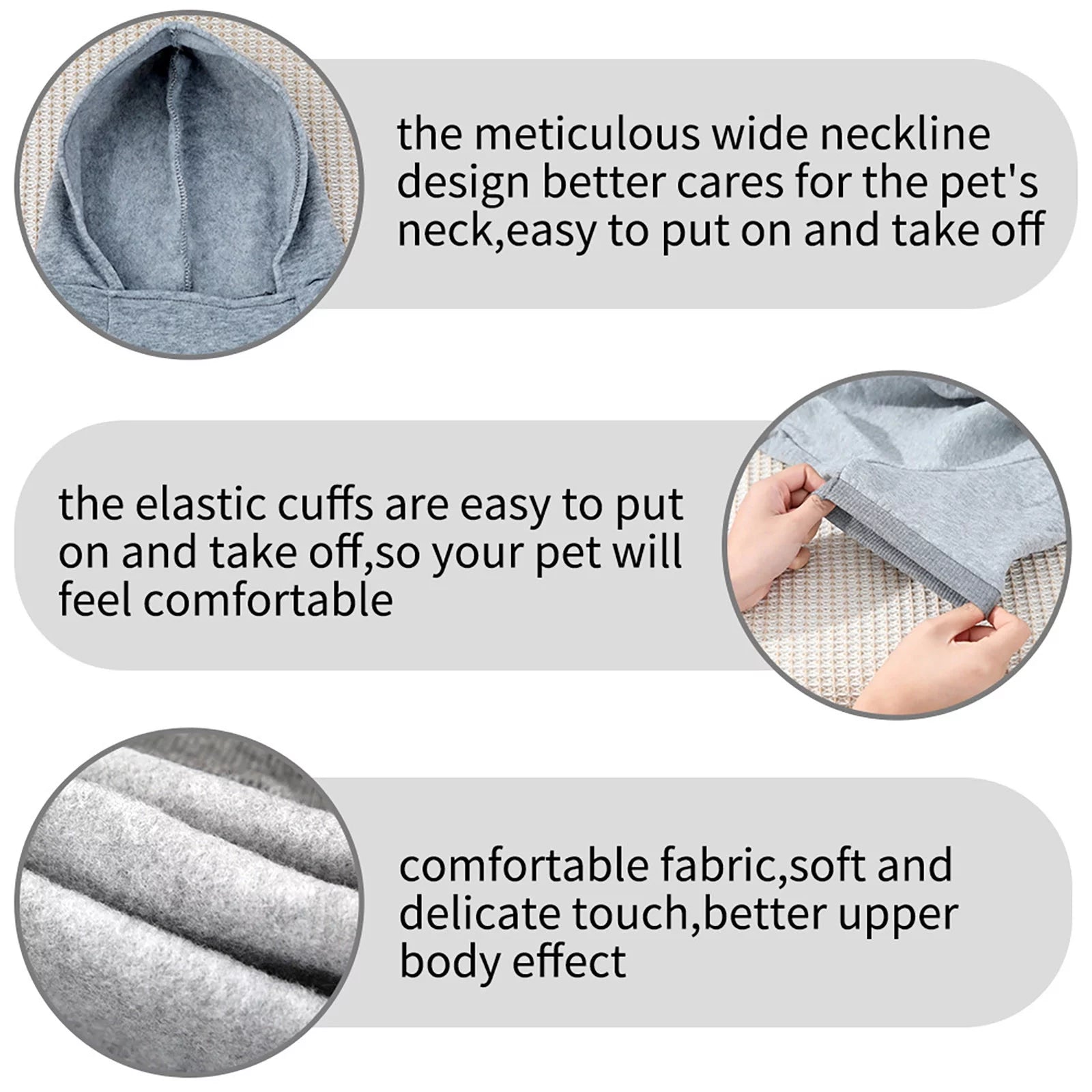 Close-up of the hoodie's wide neckline and elastic cuff construction with descriptive callouts