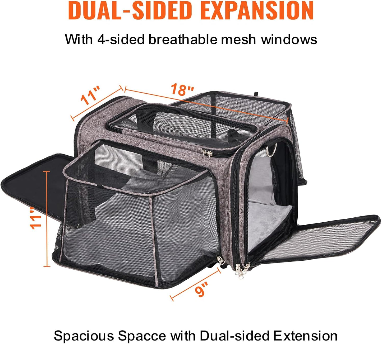 Diagram showing the pet carrier's dual-sided mesh window expansion open to 18 by 11 by 11 inches
