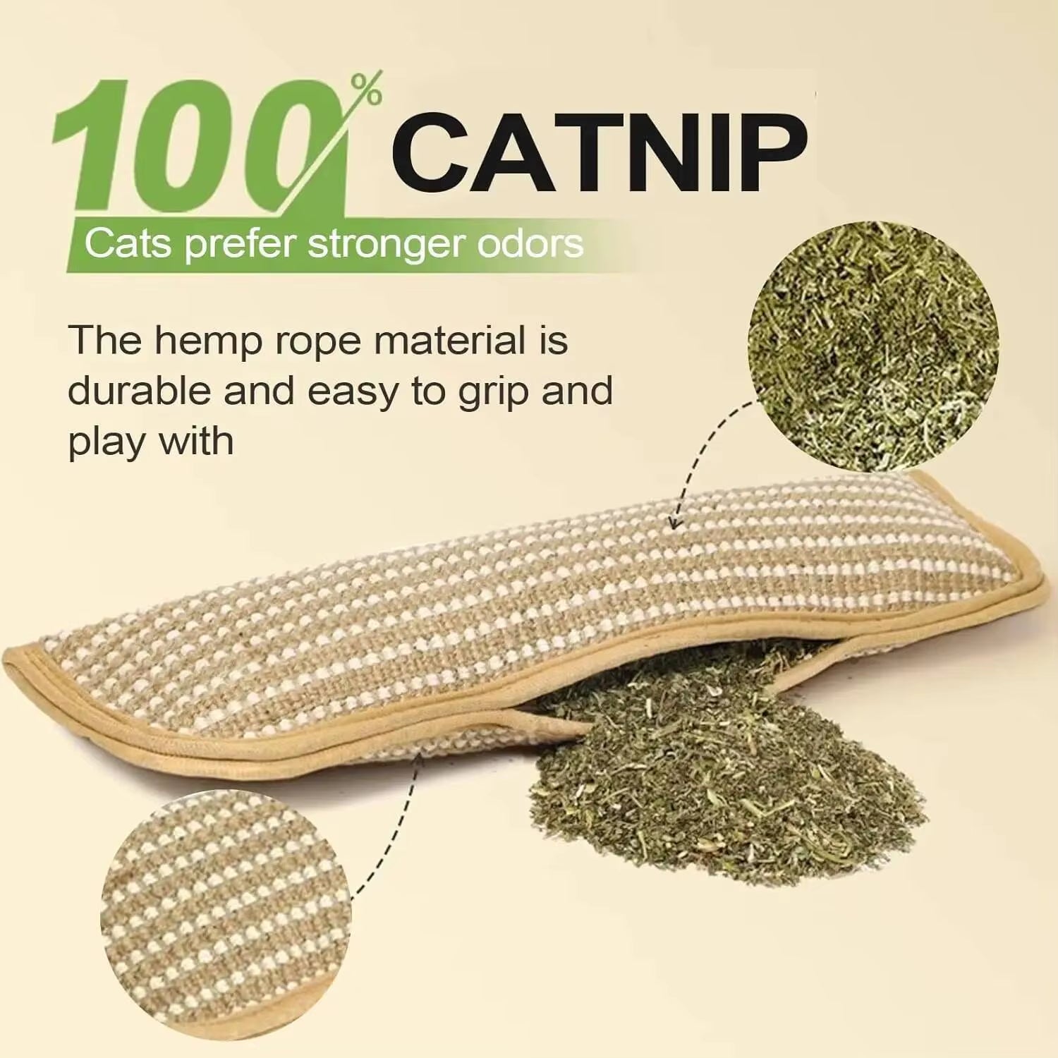 Woven tan hemp rope scratcher pad with loose catnip spilling out beside a close-up of the texture