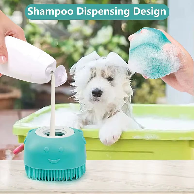 Close-up of shampoo being poured into the silicone bath brush's round dispenser opening