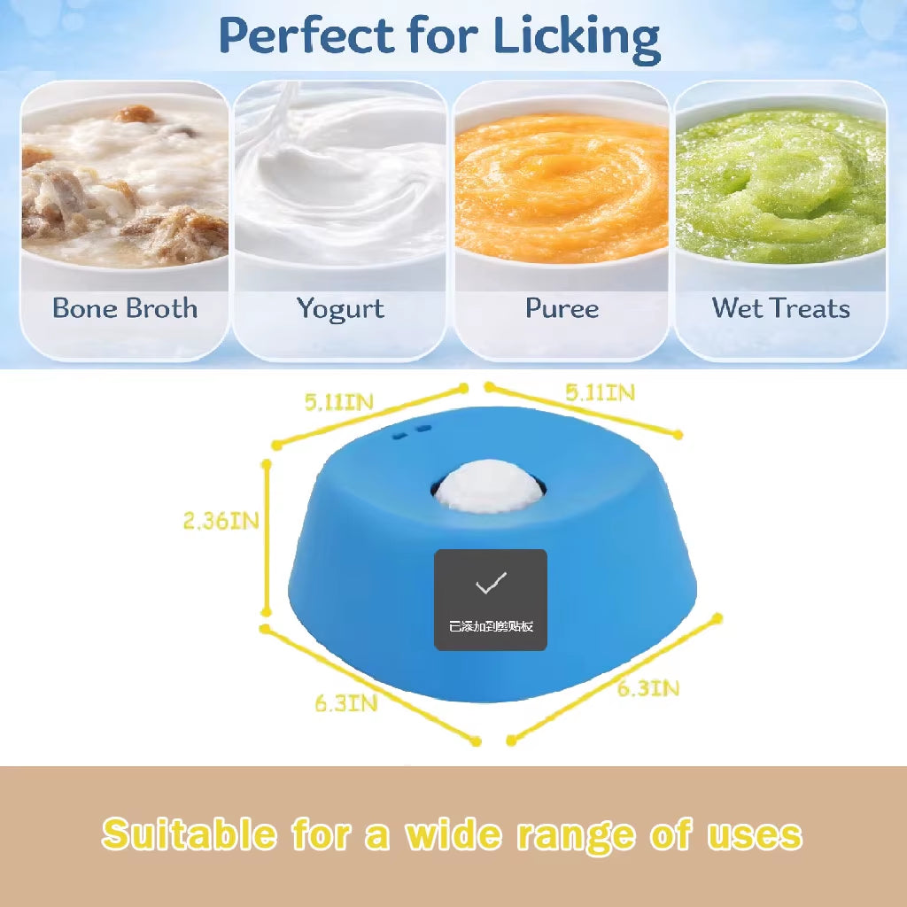 Blue slow feeder bowl shown with bone broth, yogurt, puree, and wet treats, and labeled with its size in inches
