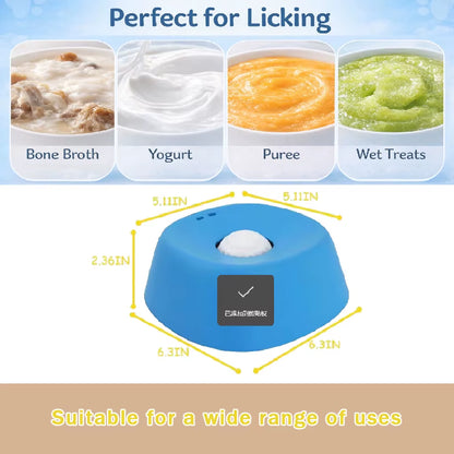 Blue slow feeder bowl shown with bone broth, yogurt, puree, and wet treats, and labeled with its size in inches