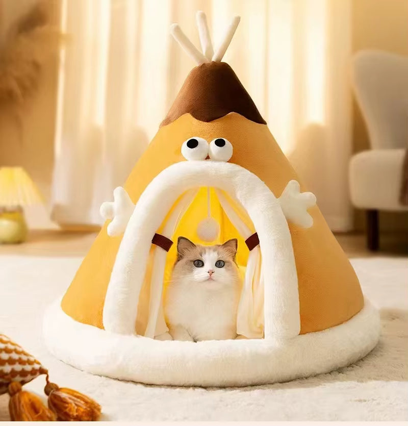 Close-up of the cone pet tent's printed fabric pattern and reinforced stitched seams