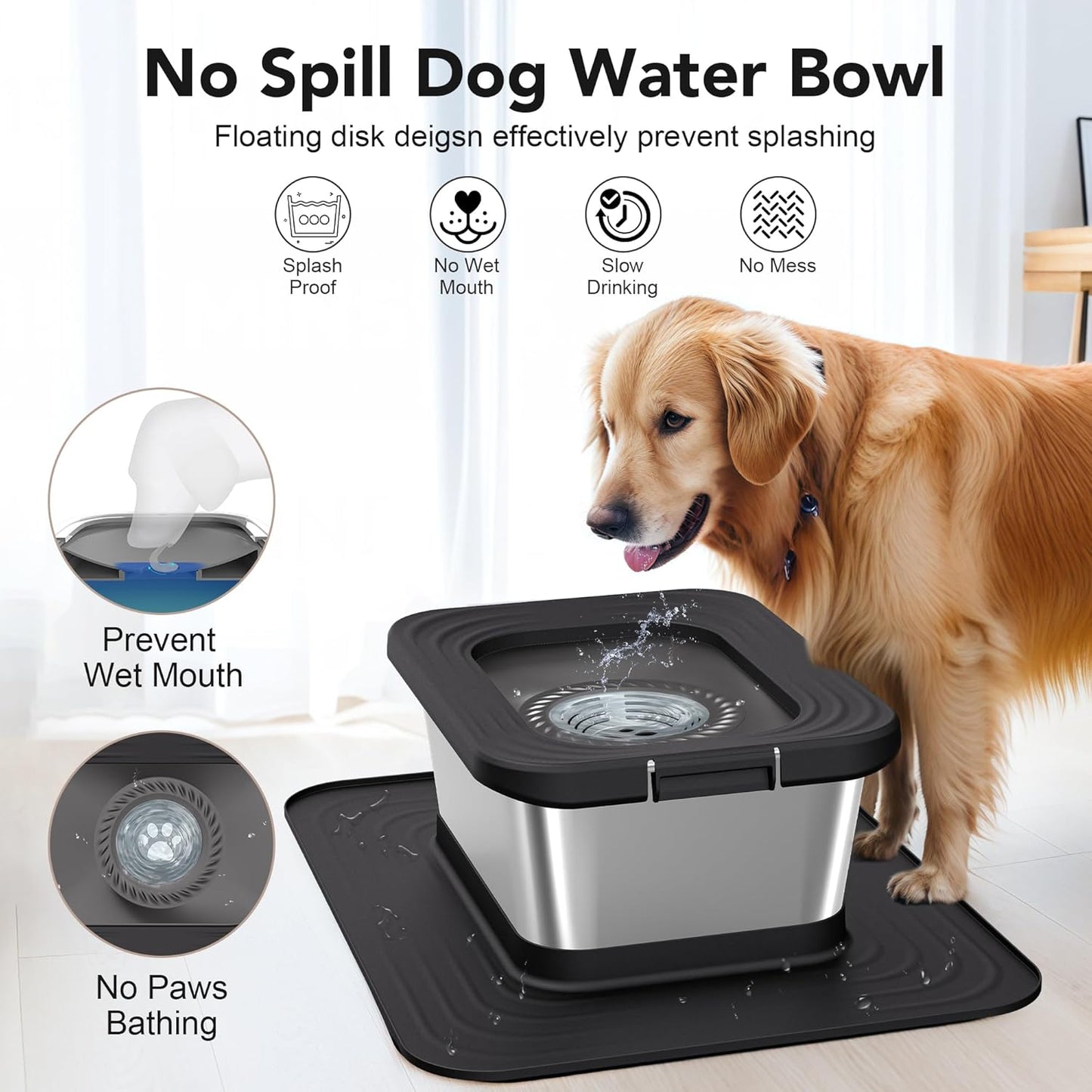 Two dogs, a Golden Retriever and a German Shepherd, next to the 10L stainless steel water bowl with two spare filter rings