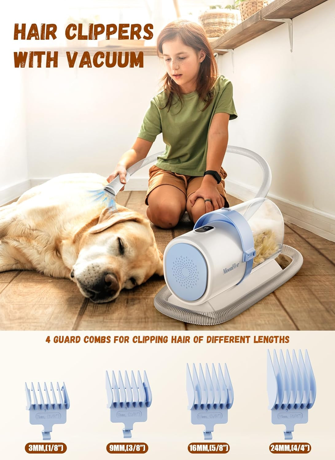 Child using the MoonFlor hair clipper attachment on a dog with four guard combs shown for different trim lengths