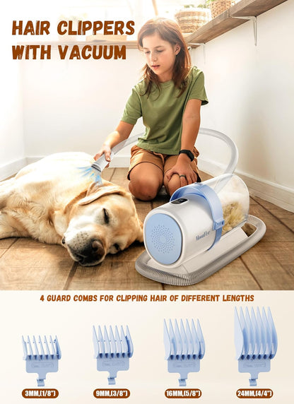 Child using the MoonFlor hair clipper attachment on a dog with four guard combs shown for different trim lengths