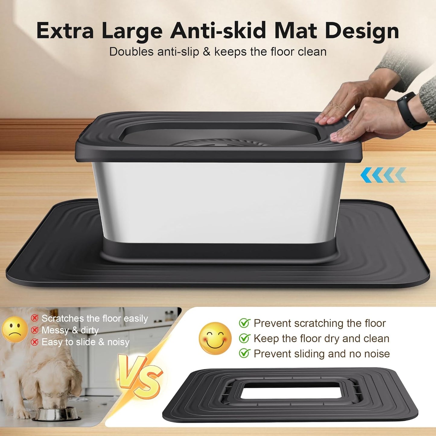 Golden Retriever near the stainless steel water bowl's floating disk opening beside splash proof and slow drinking icons