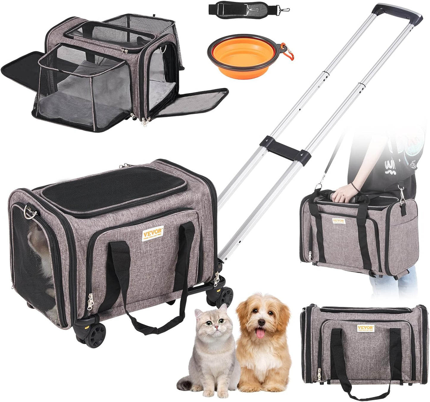 Grey VEVOR rolling pet carrier with its telescoping handle extended next to a person carrying it as a shoulder bag