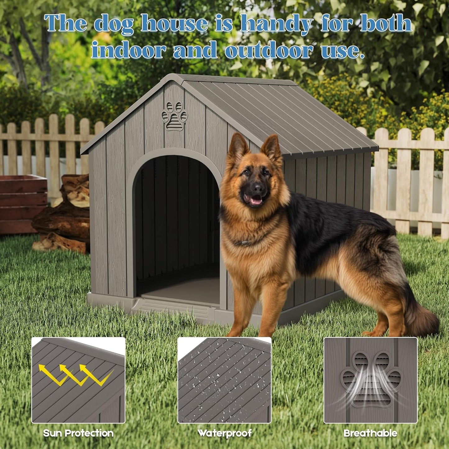 Grey plastic dog house shown from the front highlighting its arched doorway and paw-print vent