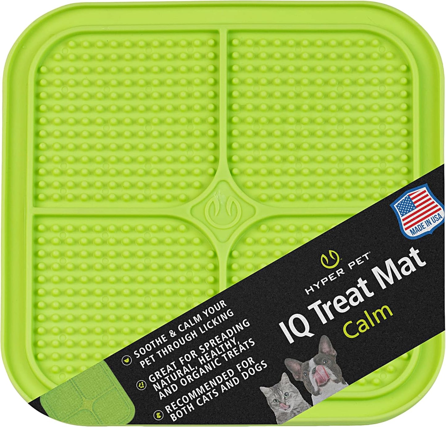 Green Hyper Pet IQ Treat Mat with a textured quadrant surface, labeled Calm and Made in USA