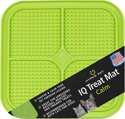 Green Hyper Pet IQ Treat Mat with a textured quadrant surface, labeled Calm and Made in USA