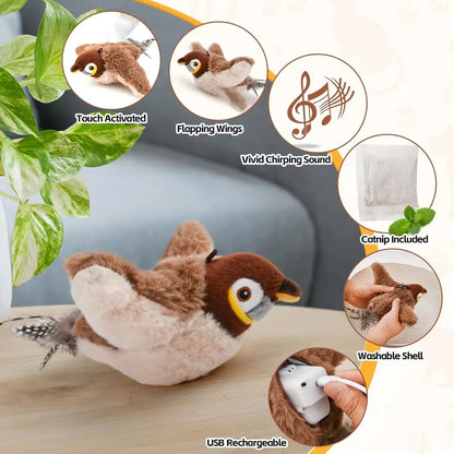 Brown FlutterChirp plush bird toy with icons showing touch activation, flapping wings, chirping sound, and catnip