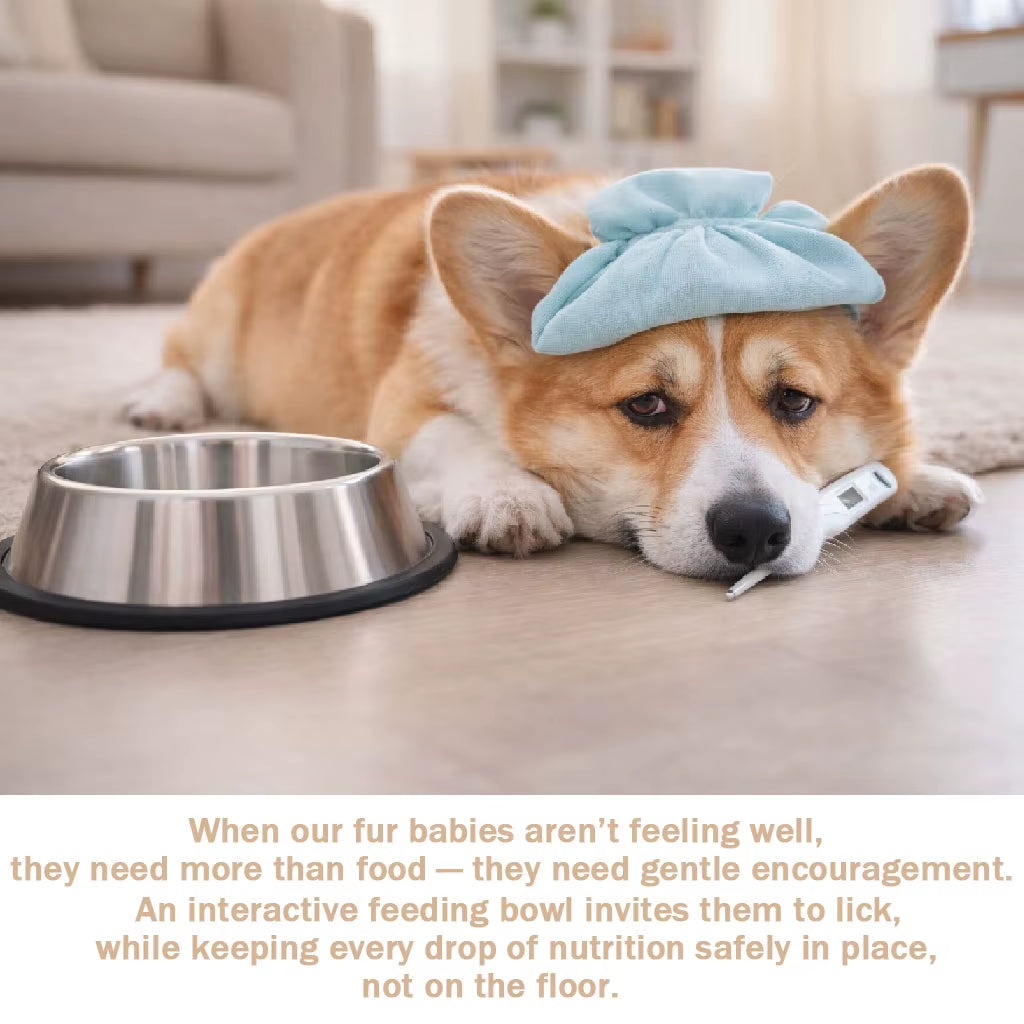 Corgi resting on the floor beside a plain stainless steel bowl, illustrating gentle at-home feeding encouragement
