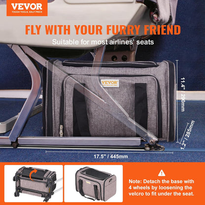Grey VEVOR pet carrier fitted under an airplane seat with dimensions labeled 17.5 by 11.4 by 1.2 inches