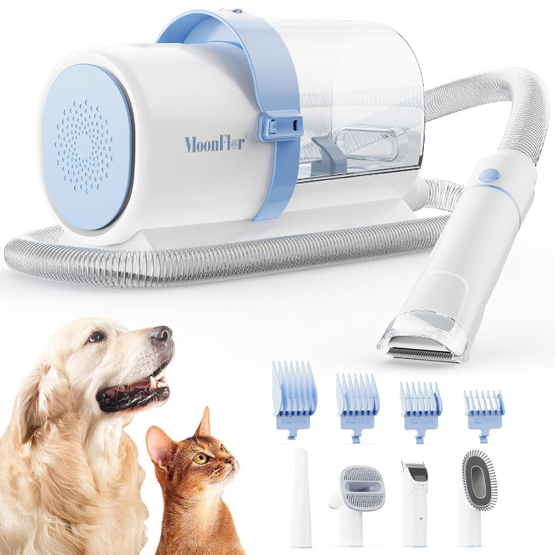 Studio shot of the MoonFlor 5-in-1 pet grooming vacuum kit with all clipper and brush attachments included